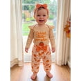 thumbnail image 5 of Baby Girls Halloween Outfits Adorable Letter Pumpkin Embroidery Long Sleeve Romper and Elastic Waist Pants Headband Set, 5 of 10