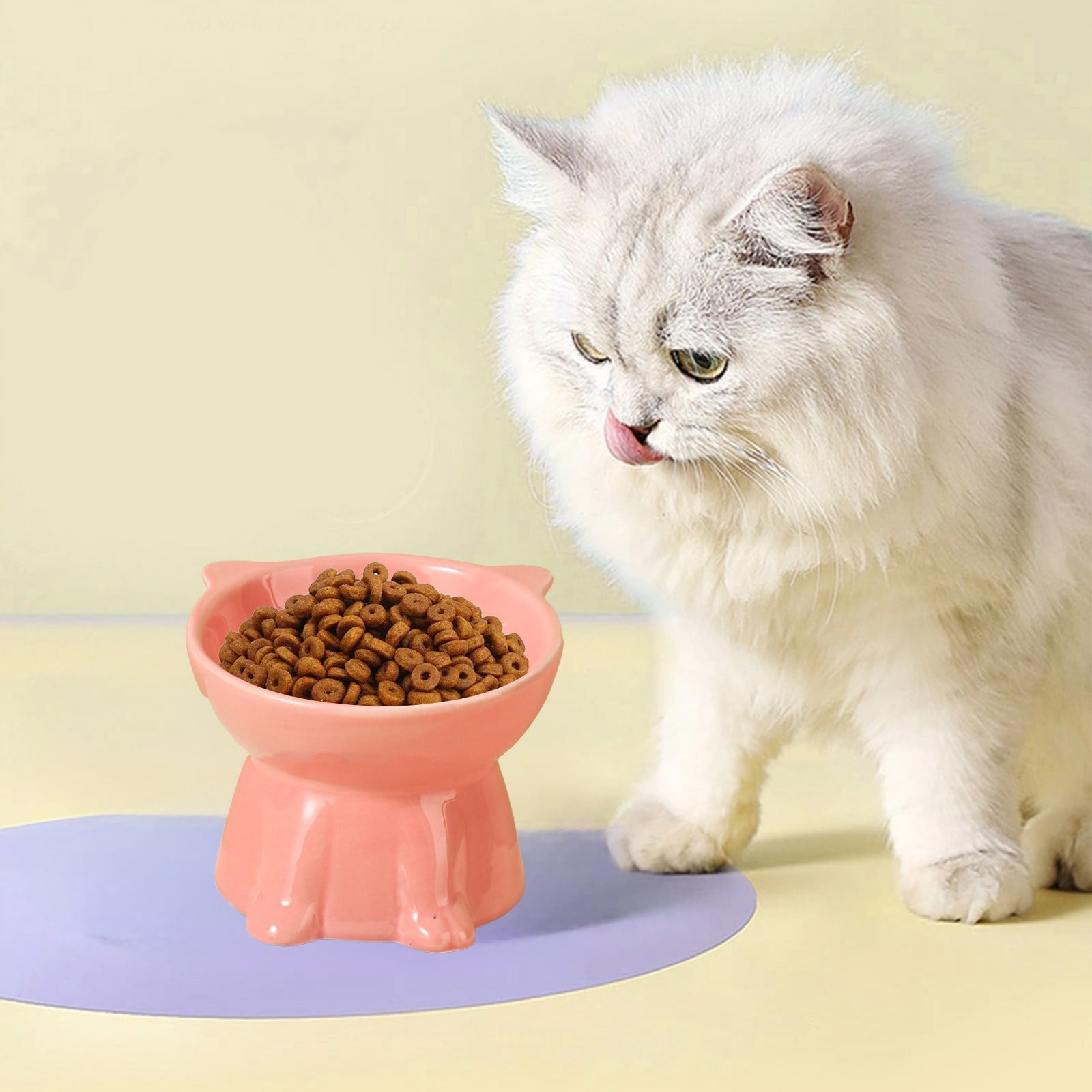 Cat Food Bowl Ceramic | Raised Elevated Design | Wide Shallow Dish | Large Capacity 250ml | Prevents Whisker Fatigue | Stable Non-Tip Base | Multicolor | Easy Clean | 13x10.5cm | 1 Piece