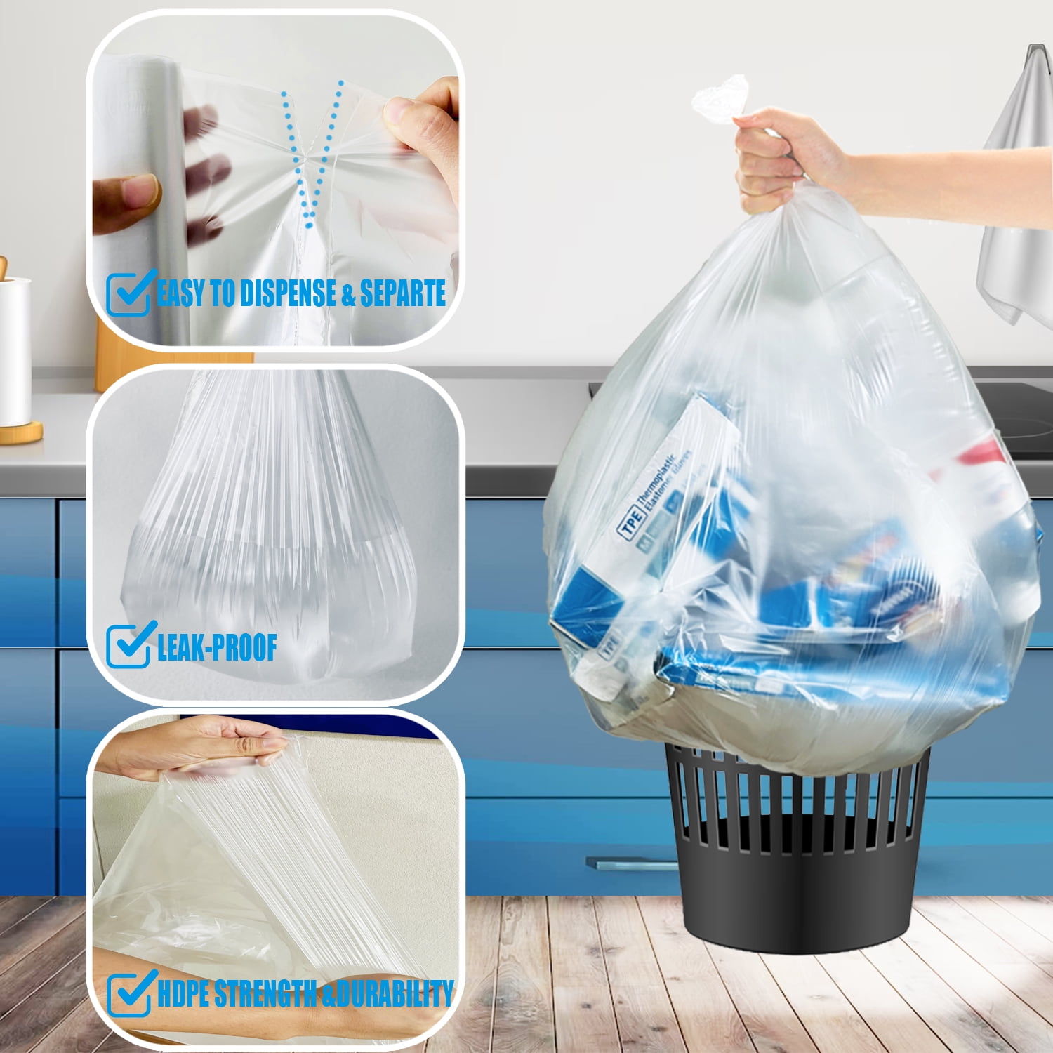 BEIDOU-PAC Tall Kitchen Trash Bags 13 Gallon, 250 Count, Unscented Clear Plastic Recycling Bags