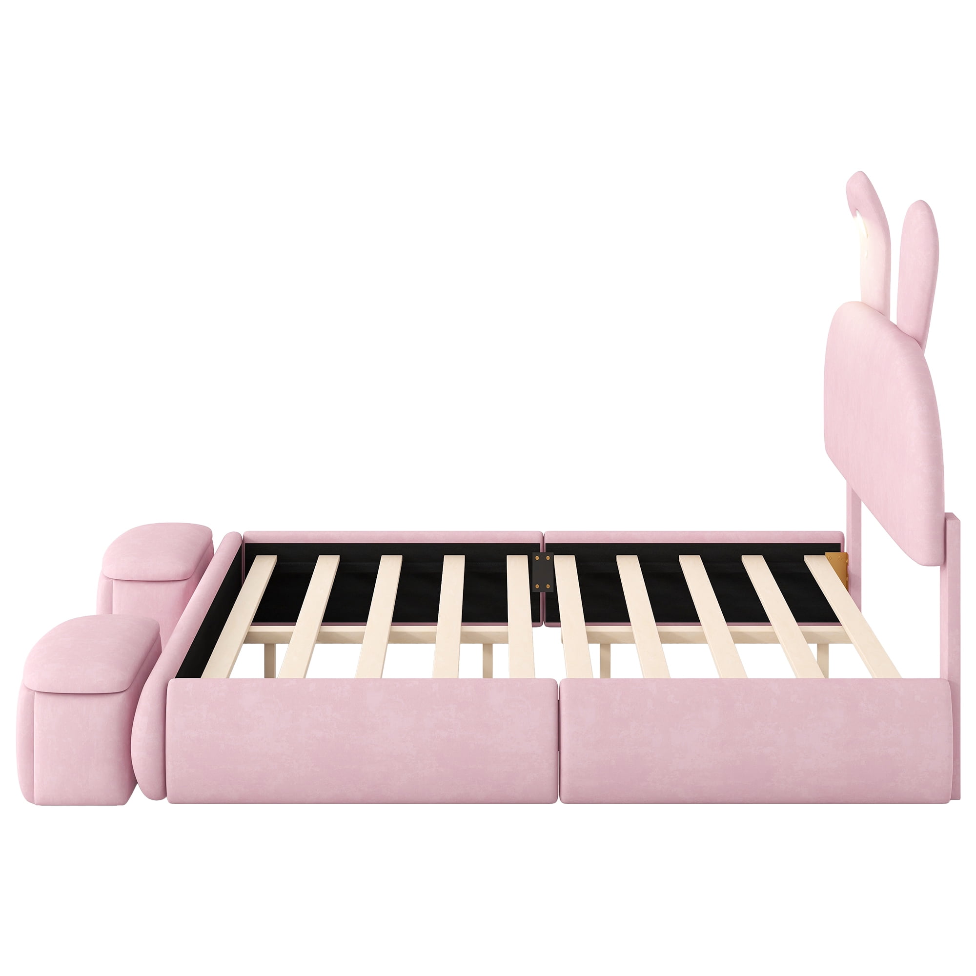 Euroco Upholstered Full Size Platfrom Bed, Bunny Shaped Bed with LED Light and Storage Cabinets
