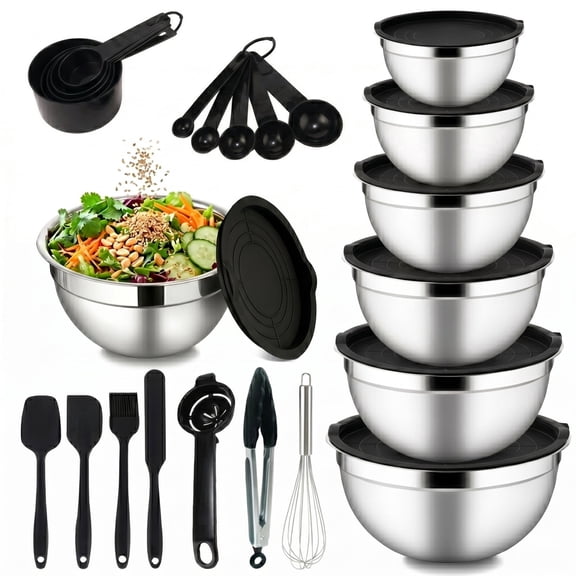 24-Piece Stainless Steel Mixing Bowls Set with Lids, 7 Nesting Sizes (0.7-5 QT) & Kitchen Utensils, Space-Saving Food Prep & Storage