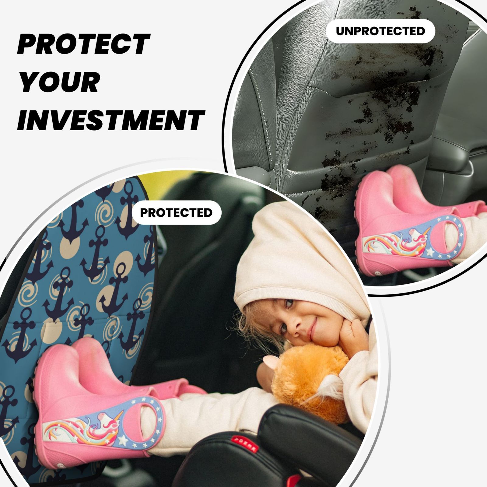Xecao Anchors Pattern Car Seat Back Protector 2 Pack Large Capacity Pocket, Kick Mats Back Seat Protector