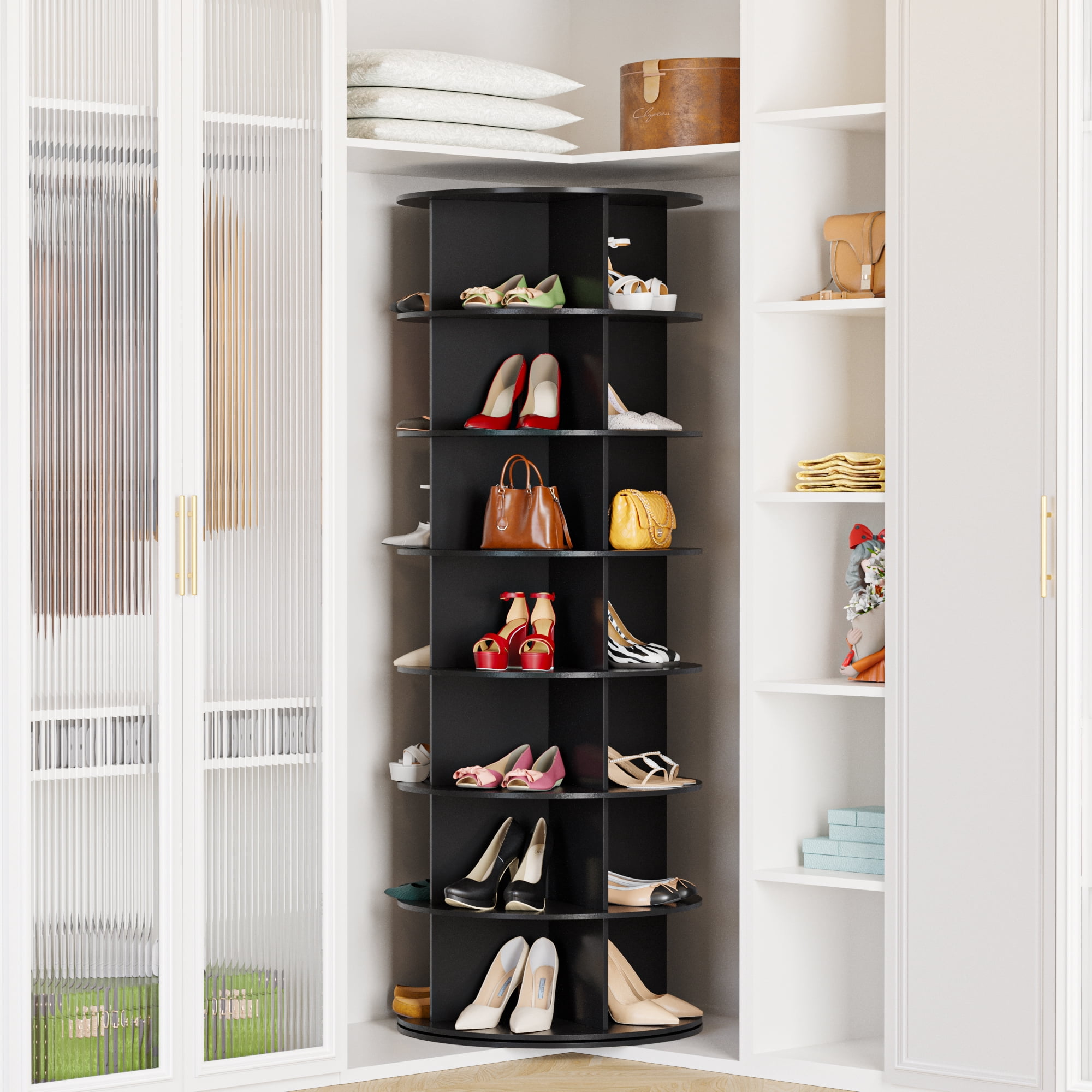 SpaceAid Rotating Shoe Rack Tower 7 Tier, Display Lazy Susan, Black, 23.2"D x 23.2"W x 63"H