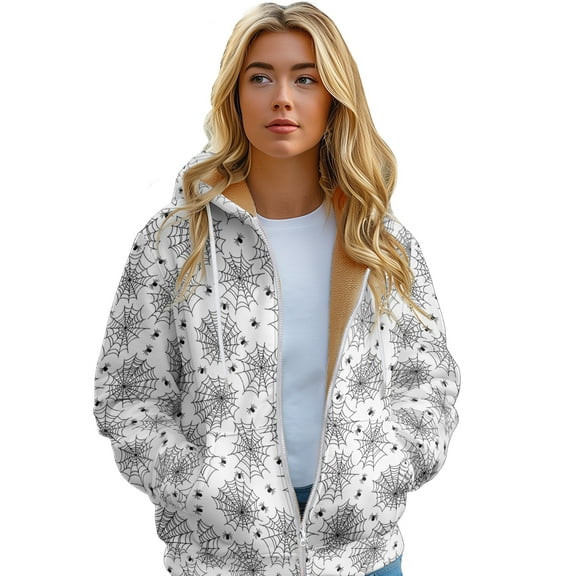 Halloween Spider Print Hoodie Women's Thickened Fleece Zipper Jacket Street Casual