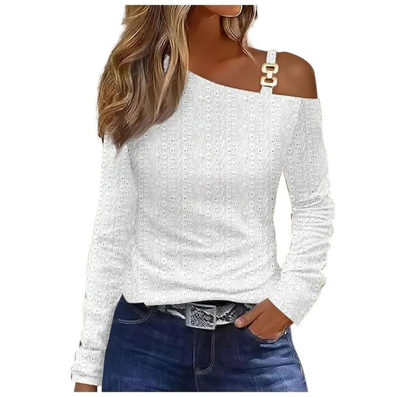 Lovskoo 2024 Long Sleeve Shirts for Women Trendy Casual One Shoulder Drop Shoulder Pullover Top White L