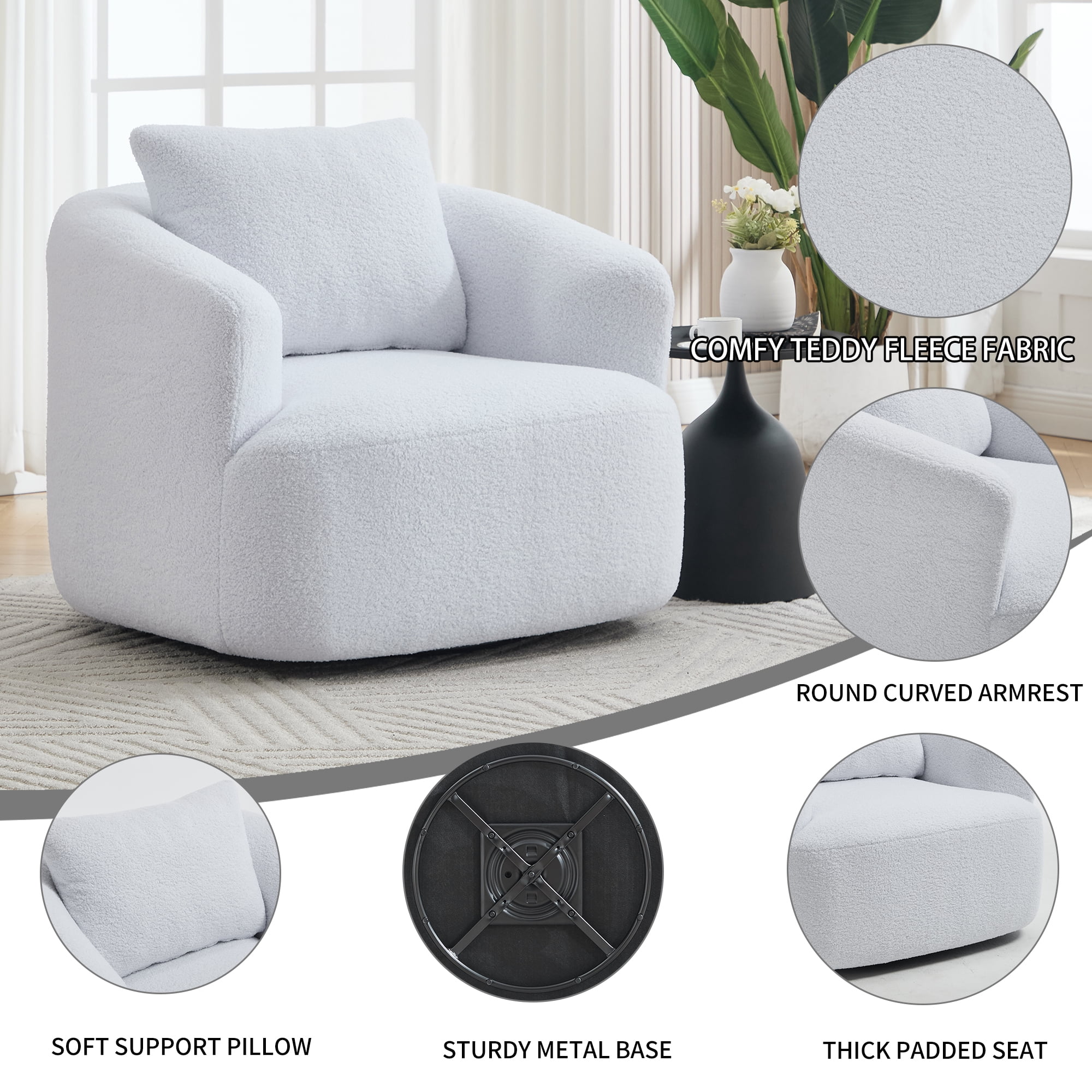 Swivel Accent Chair,360° Round Upholstered Armchair with One Soft Pillow,Teddy Fleece High-Resilience Sponge Single Sofa for Living Room, Bedroom, Apartment,No Assembly,White