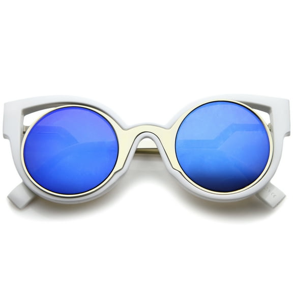 sunglassLA Unisex Womens Inner Metal Frame Zigzag Stepped Temple Two-Tone Cat Eye Sunglasses (White-Gold / Blue Mirror) - 45mm