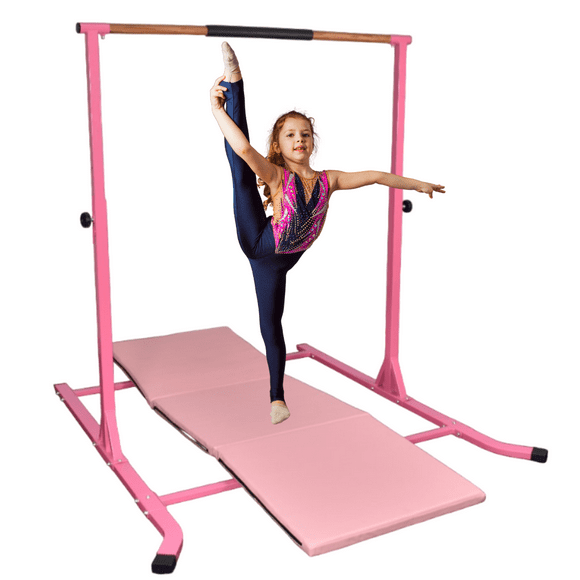 Gymnastic Kip Bar for Kids and Teens with 6'x2' Gymnastics Mat, Adjustable Gymnastic Bars 3 FT to 5 FT, Home Gym Gymnastics Bar Training Equipment for Indoor Outdoor 300 lbs Capacity (Pink)