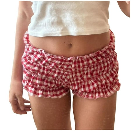 NAFUU Womens Summer Shorts Womens Ruffle Bloomer Shorts 2025 Low Rise Mini Gingham Boxer Casual Shorts Cute Sleep Bottoms Fashion Shorts