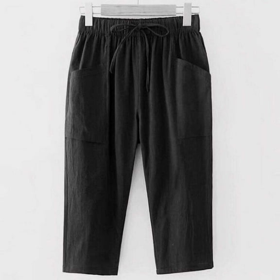 SNKSDGM Women's Plus Womens Linen Pants Set Black Dress Pants Women High Waisted Wide Leg Womens Trousers Waist Loose Pocket Elastic Pants Three Quarter Pants Xl