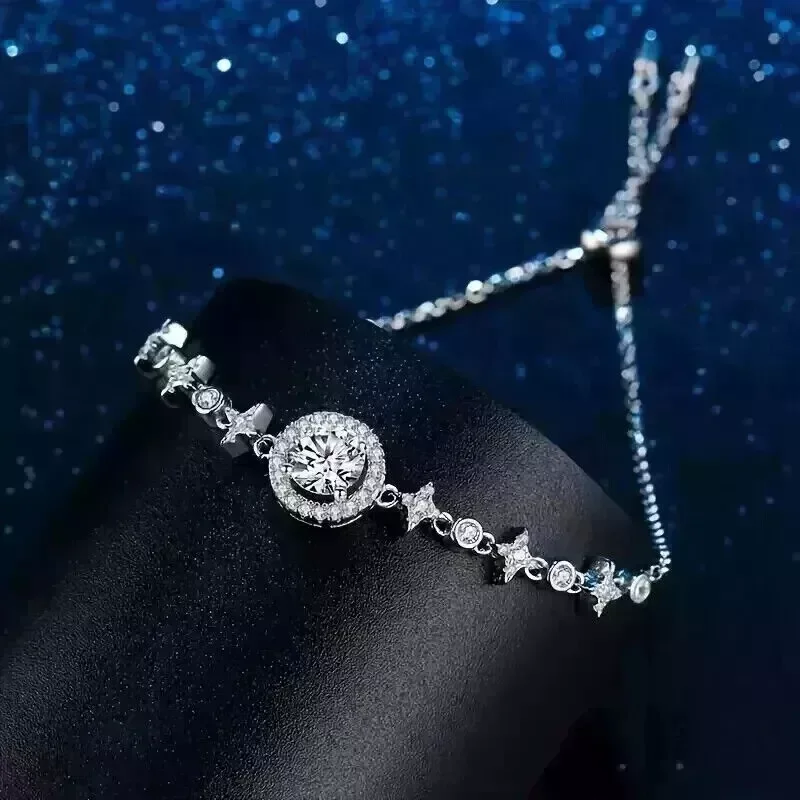 Women's Bolo Bracelet with 4.5Ct Round Cubic Zirconia, 14k White Gold Plated Sterling Silver, Adjustable Jewelry Gift