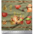 thumbnail image 1 of Soimoi Green Rayon Fabric Kettle & Cups Kitchen Fabric Prints By Yard 56 Inch Wide, 1 of 3