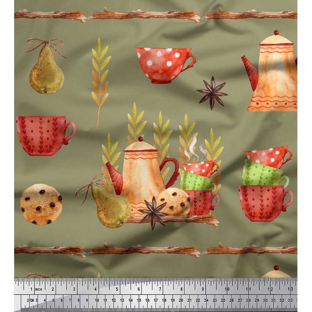 Soimoi Green polyester Crepe Fabric Kettle & Cups Kitchen Print Sewing Fabric BTY 52 Inch Wide