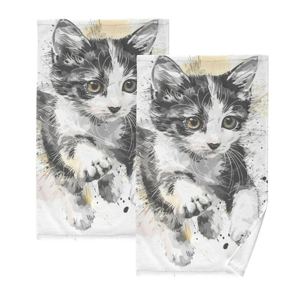 Run Black and White Cat Hand Towel Bath Towels Face Towels Cotton Absorbent for Home Hotel Spa Swimming Yoga Sports Decorative Towel Set of 2