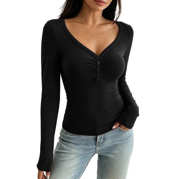 Fengqque Women’s Henley V Neck Long Sleeve Casual Top, Ruched Front Button Detail Slim Fitted long sleeve tee , Soft Stretchy Basic Top for Fall Winter Black
