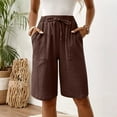 thumbnail image 5 of HKYNLAG Bermuda Shorts for Women Summer Half Shorts Pants Drawstring Elastic Waist Solid Color Cotton Linen Wide Leg Pants with Pockets Coffee S, 5 of 8