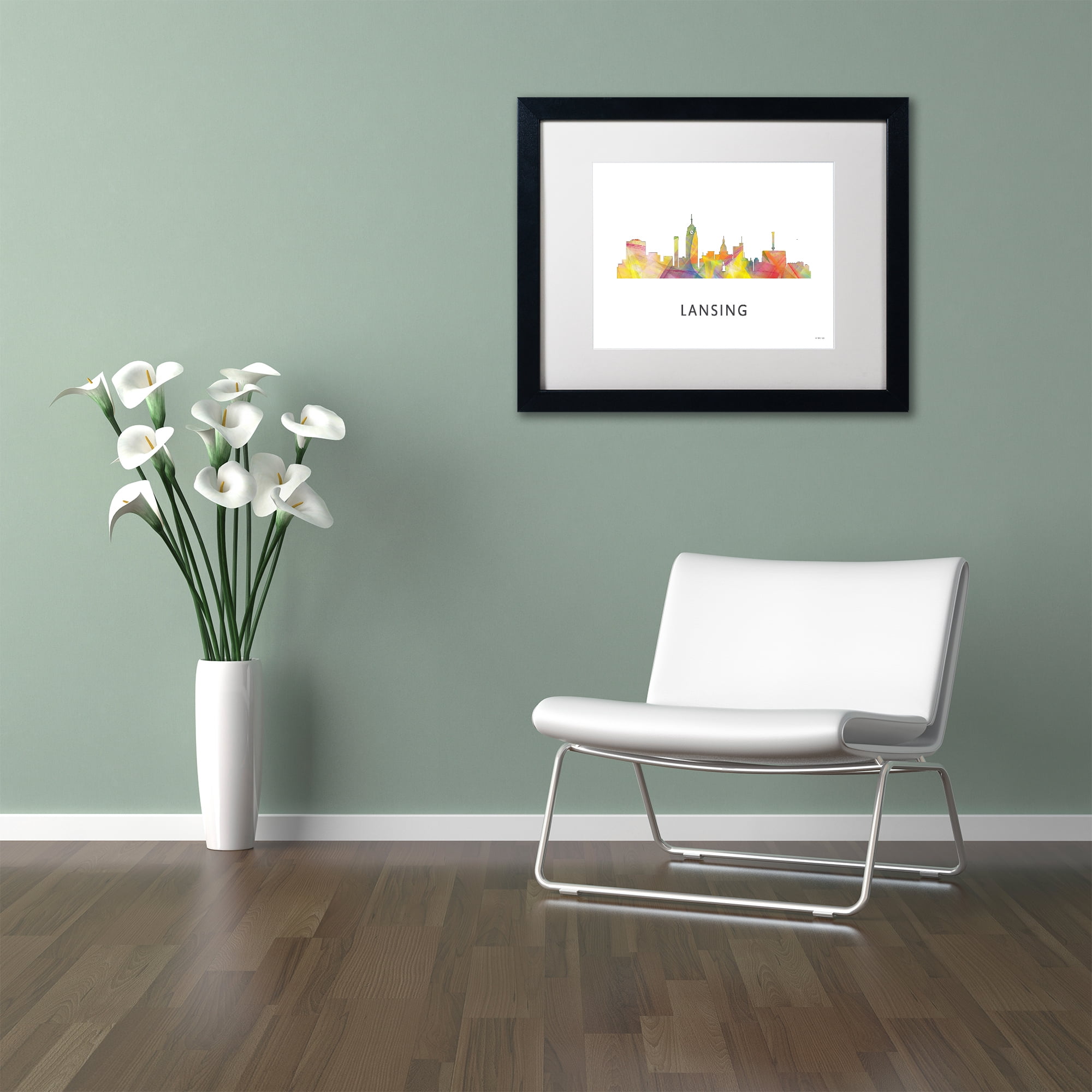 Trademark Fine Art 'Lansing Michigan Skyline WB-1' Canvas Art by Marlene Watson, White Matte, Black Frame