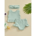 thumbnail image 2 of Suealasg Baby Girls Shorts Outfits Infant Girls Sleeveless Ribbed Tank Vest and Elastic Waist Skirt Ruffle Shorts +Headband 3Pcs Summer Clothes Set, 2 of 9