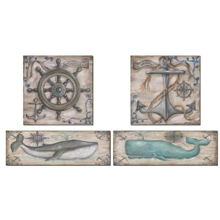 Costal Nautical Decor - Retro Grey and Teal Whale Anchor and Captains Wheel Prints; Nautical Coastal Decor; Two 18X6 and Two 12x12 Paper Prints