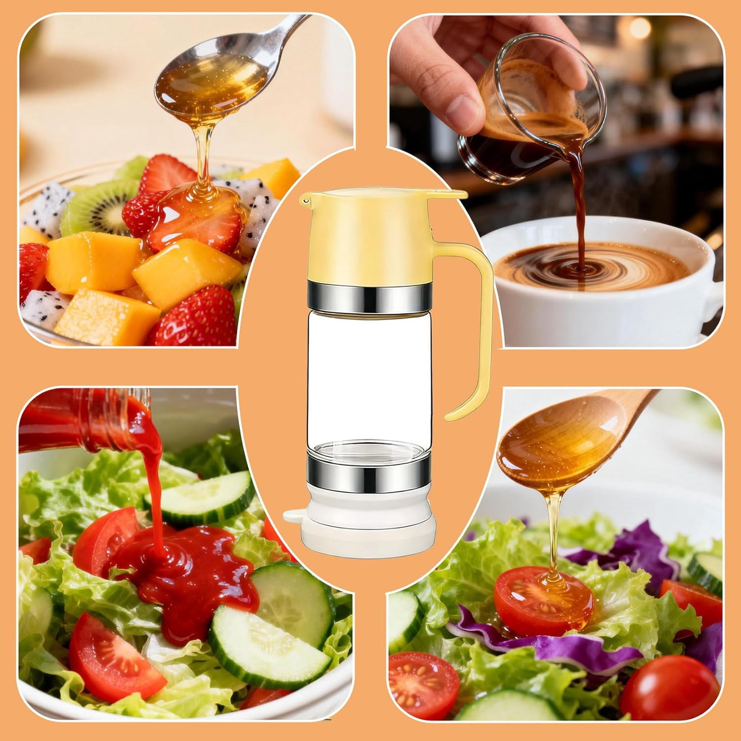 Glass Honey Dispenser, Honey Dispenser No-Drip, Pneumatic Squeeze Bottle with Handle & Silicone Base, Bottom Outlet Removable Easy Cleaning for Honeys, Syrup (Black-Upgrade)