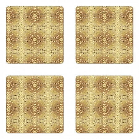 

Abstract Coaster Set of 4 Connected Royal Alike Motifs on Gradient Earth Tones Backdrop Print Square Hardboard Gloss Coasters Standard Size Caramel and Multicolor by Ambesonne
