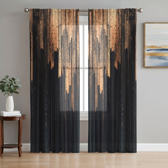 Orange Black Vertical Sheer Curtains 63 Inches Long, Modern Luxury Shabby Striped Light Filtering Window Curtains for Living Room/Bedroom, Rod Pocket Voile Sheer Curtain Drapes, 52"W x 63"L, 2 Panels