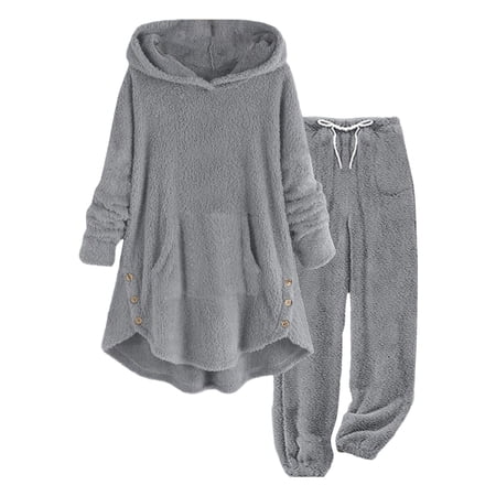 sususu Womens 2 Piece Lounge Set Sets for Women Women s Winter Hooded Tracksuit Set Cozy Long Sleeve Pants Outfit Casual Loungewear Two Piece Comfort Suit - Grey