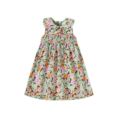

AOMPMSDX Little Girls Dresses Summer Sleeveless Floral Pattern Lapel Cotton Princess A Line Princess Dresses