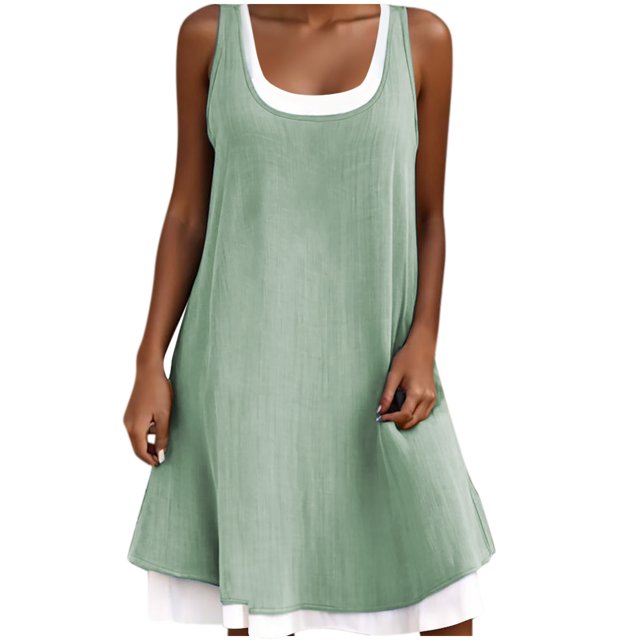 Hyknon Robes d'Été pour Femmes Mode Été Col Rond Sans Manches Fausses Deux Pièces Mini Robes Amples Couleur Unie Ligne A Fluides Robes de Plage