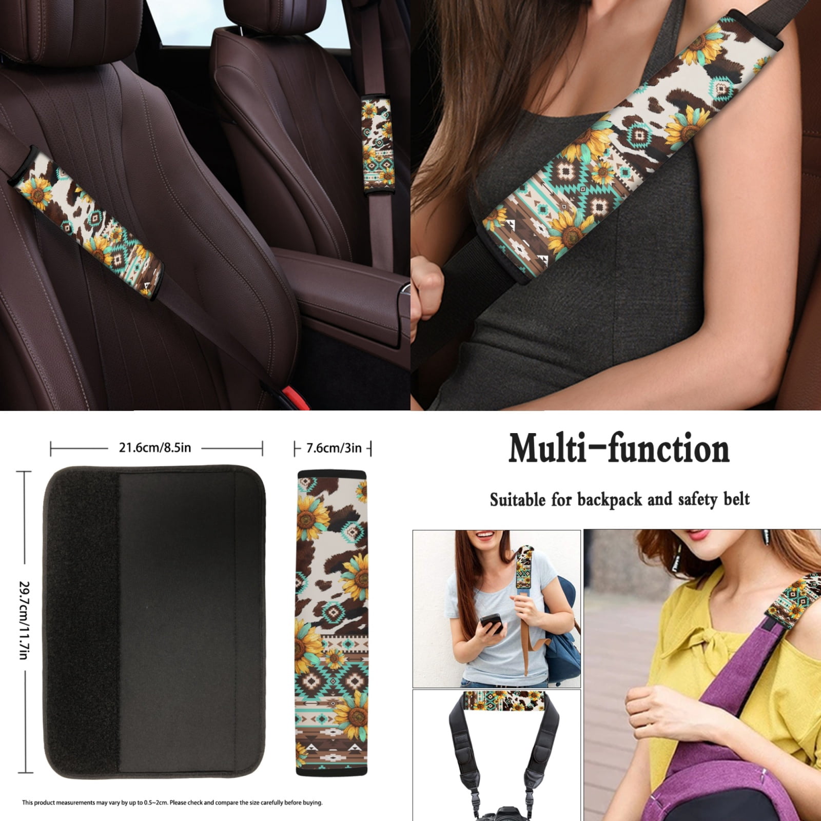 Renewold American Tribal Sunflower Brown Cow Print Car Seat Covers Full Set, Auto Seat Covers with Steering Wheel Covers, Seat Belt Pad, Coaster, Keychains Car Interior Accessories for Men Women