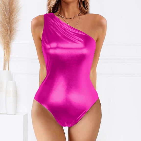 Conairie One Piece Swimsuit Women Tummy Control Solid Color Sleeveless Push Up High Waisted Bathing Suit Square Neck Swimwear Summer Outfits Clothes Hot Pink XL