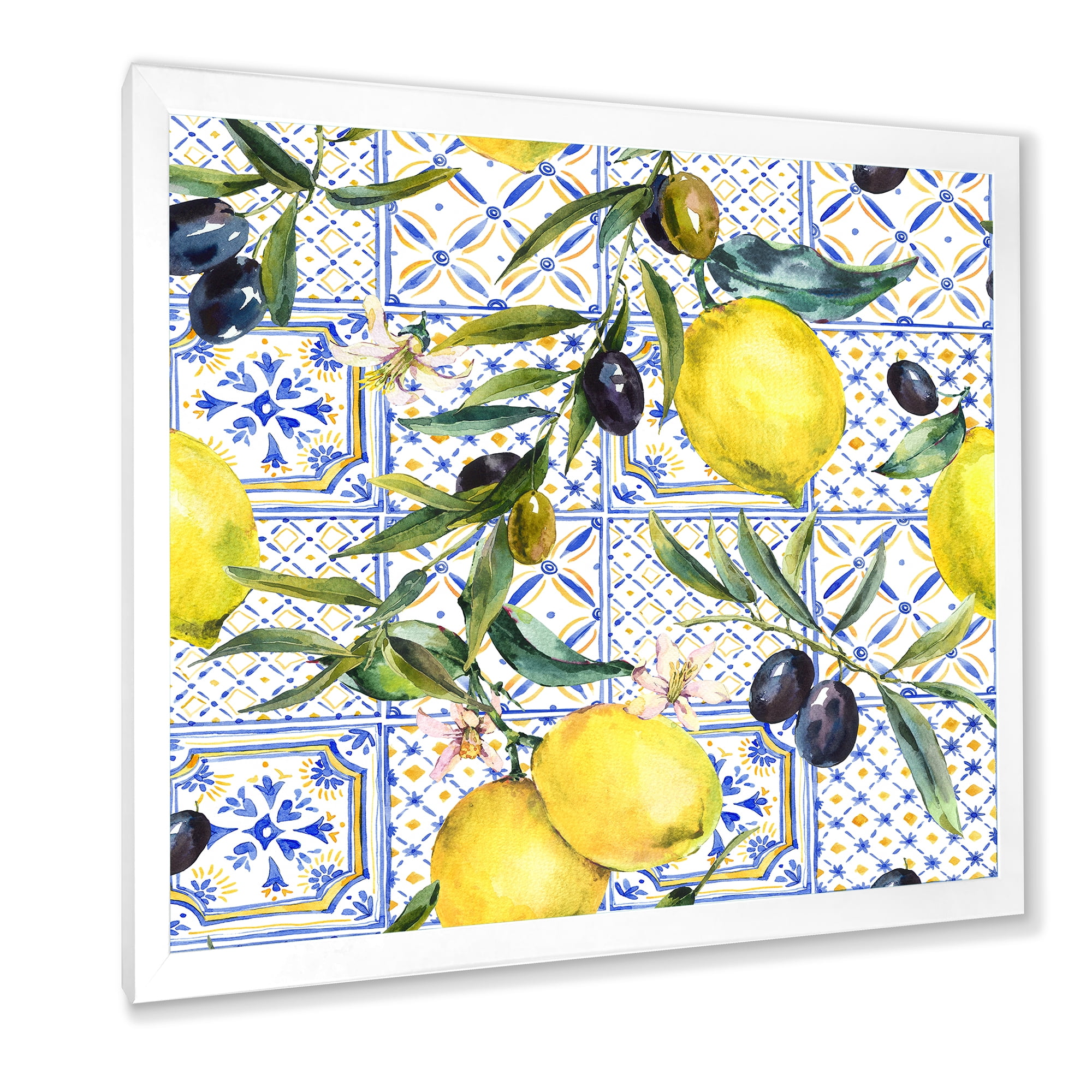 Designart 'Geometrical Pattern of Lemon Ornament On Blue III' Tropical Framed Art Print