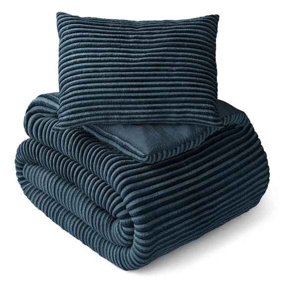 Mainstays Kids Dark Blue Solid Plush Ribbed Corduroy Comforter Set, Twin, 2 Pieces