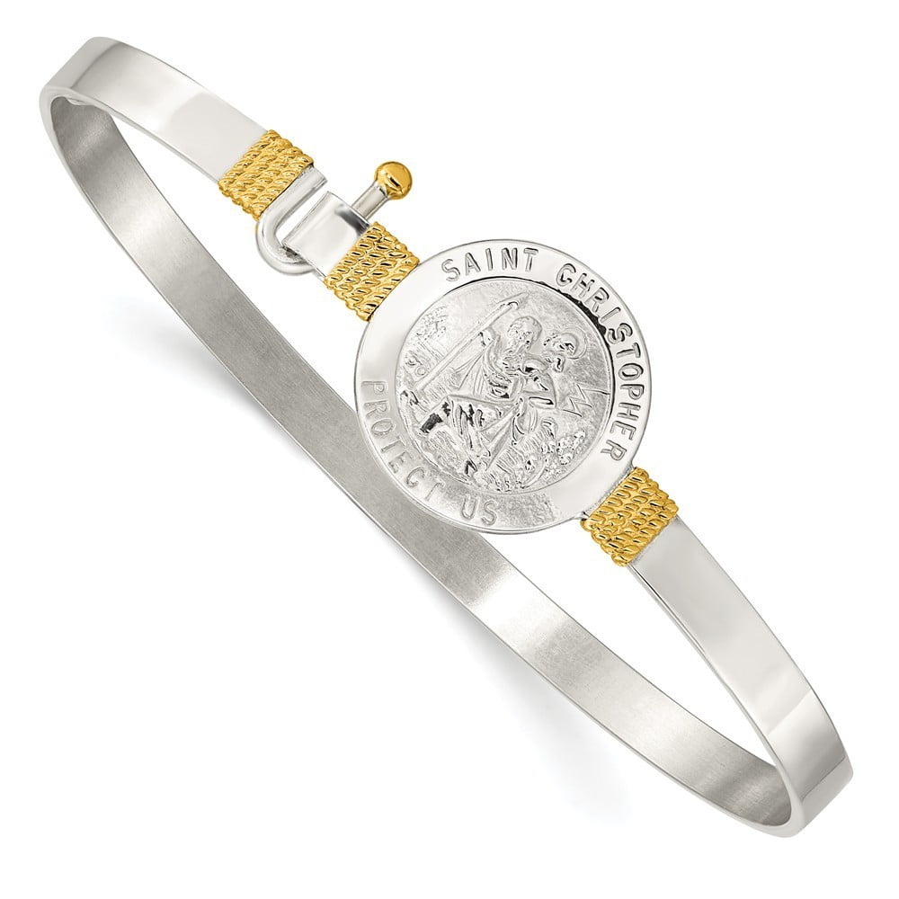 Christopher Hook Catch Bangle Bracelet Solid .925 Sterling Silver & 14k Rose Accent St Christopher Hook Catch Bangle Bracelet Solid .925 Sterling Silver & 14k Rose Accent St