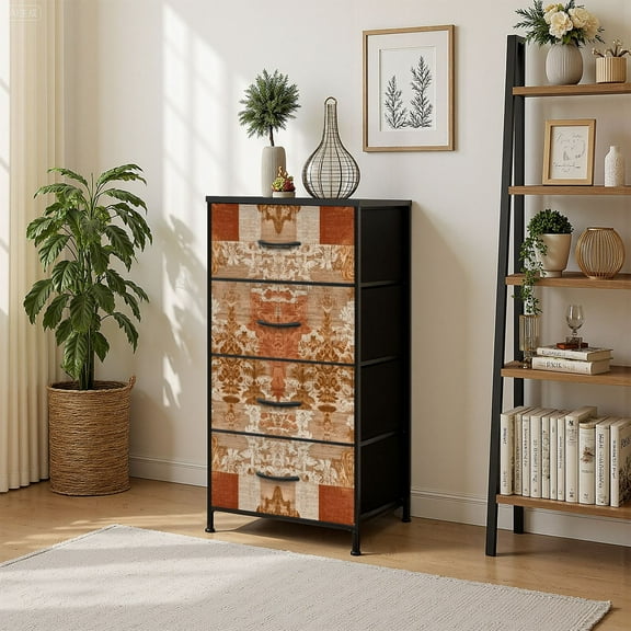 4 Drawer Vertical Storage Dresser Motifs floral paisley embroidery white geometric ethnic oriental with Wood Top Fabric Pull Drawers