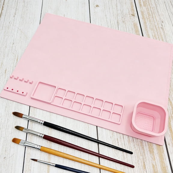 Silicone Painting Mat with Paint Wells, 20x16 Inch Non-Stick Art Mat for Kids, Detachable Water Cup & Brush Holders, for Watercolor Acrylic Oil, Foldable, A, By Preplabs