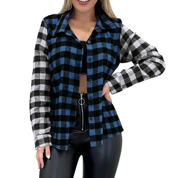 Jackets for Women Long Sleeve Turndown Collar Regular Plaid Winter Coats Blue S-2XL