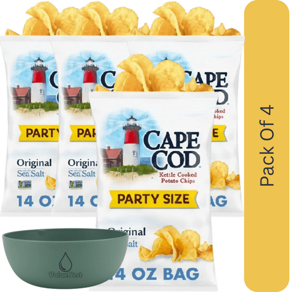 Cape Cod Original Kettle Cooked Potato Chips, Party Size 14 oz Bag With Olive Green Bowl By ValueNest