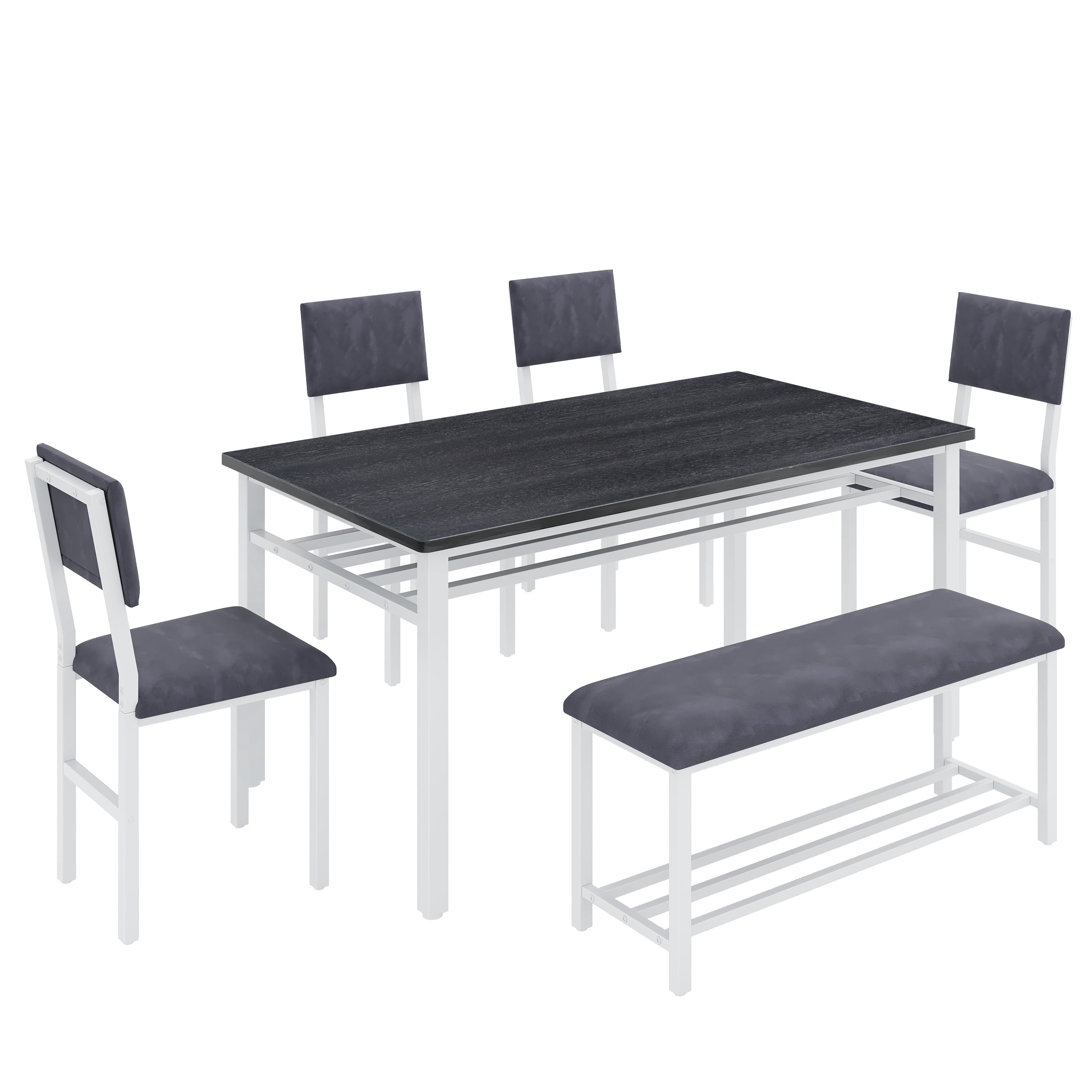 Legahome Dining Table Set for 6, 6 Piece Dining Set with Bench and Storage Rack, Metal Frame Kitchen Rectangular Table and Velvet Chairs Set for Dining Room, Blue Gray Table Top & Gray Chair