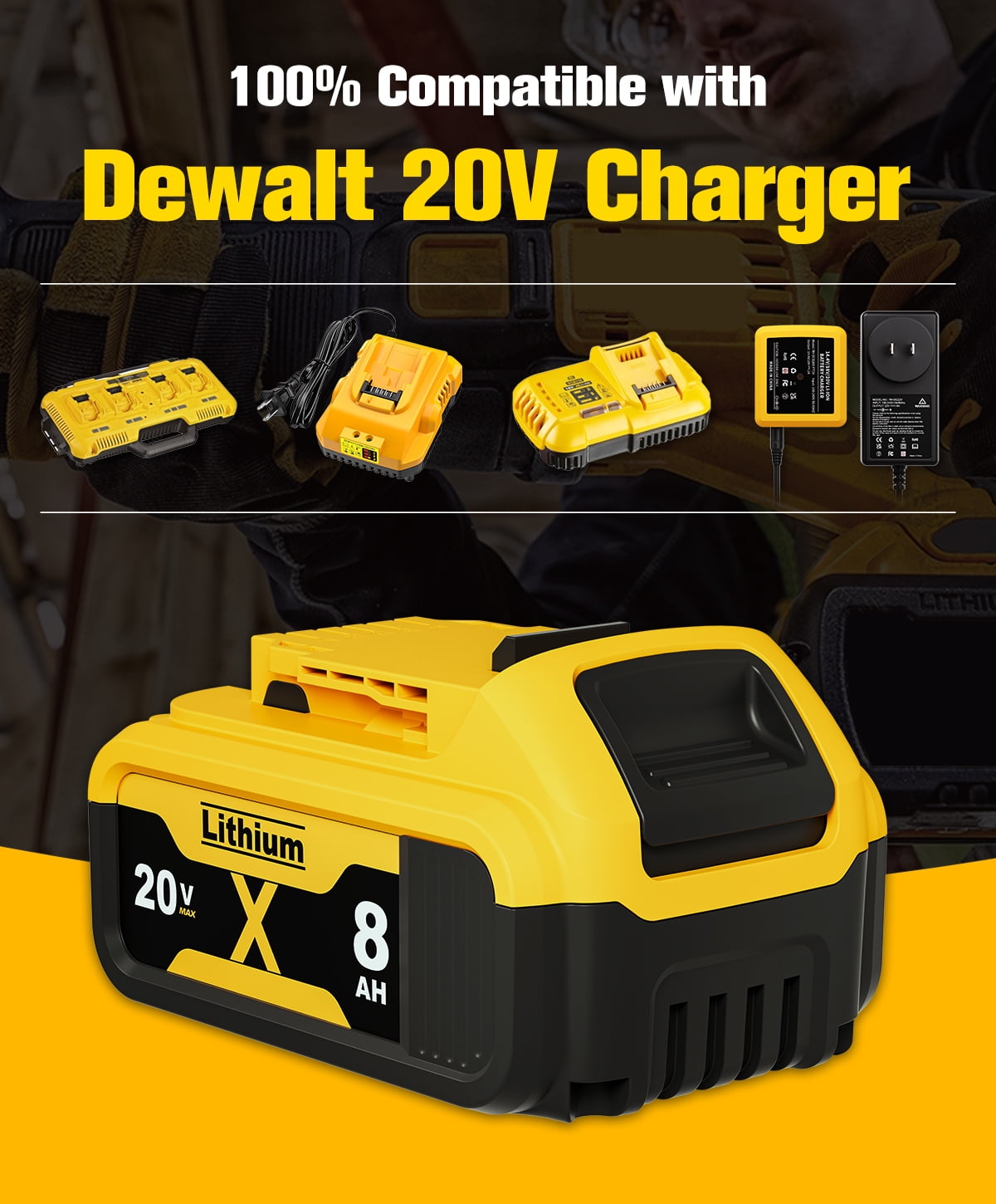 2 Pack 8.0Ah Replacement Battery  for Dewalt 20V Max Batteries DCB200 DCB205-2 DCB206 DCB204 DCB203 DCB208 Compatible with Dewat 20V Cordless Power Tools and Charger