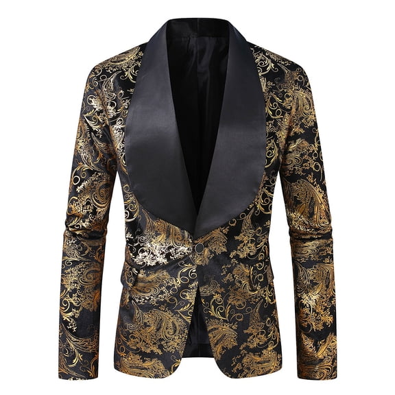 Levmjia Men's Slim-Fit Gold-Embossed Suit Jacket Gold Print Wedding Blazer Shawl Lapel Tuxedo Jacket Polyester Formal Wear S-2XL