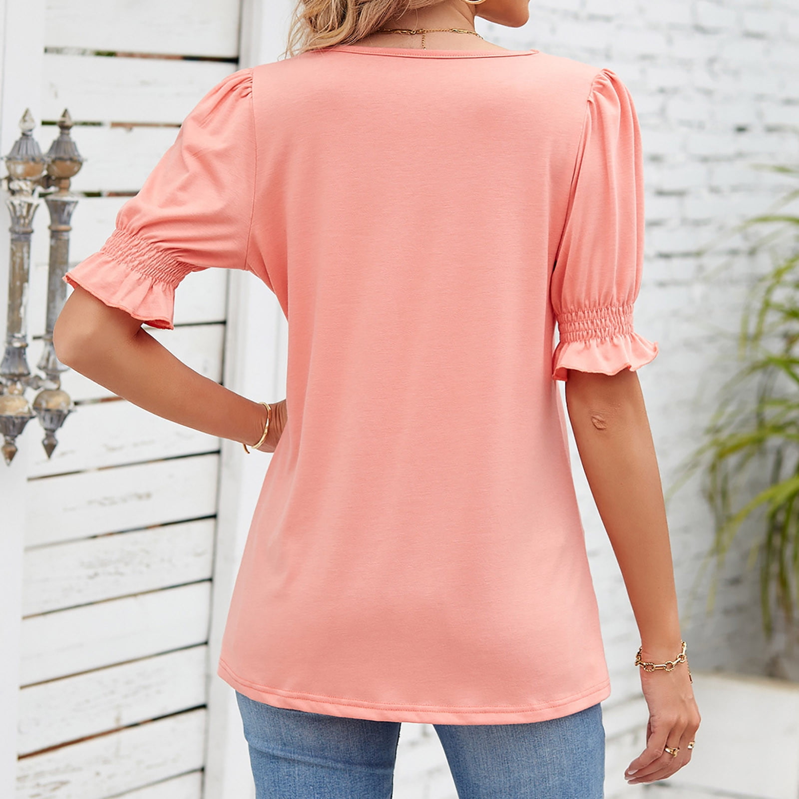 Women's Square Neck T-Shirt - Ruffle Sleeve, Loose Fit Tunic Top For Summer - View #3