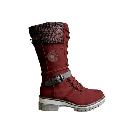 

Fangasis Women s PU Knee High Boots Flat Ladies Lace up Winter Military Combat Boots US Size 12