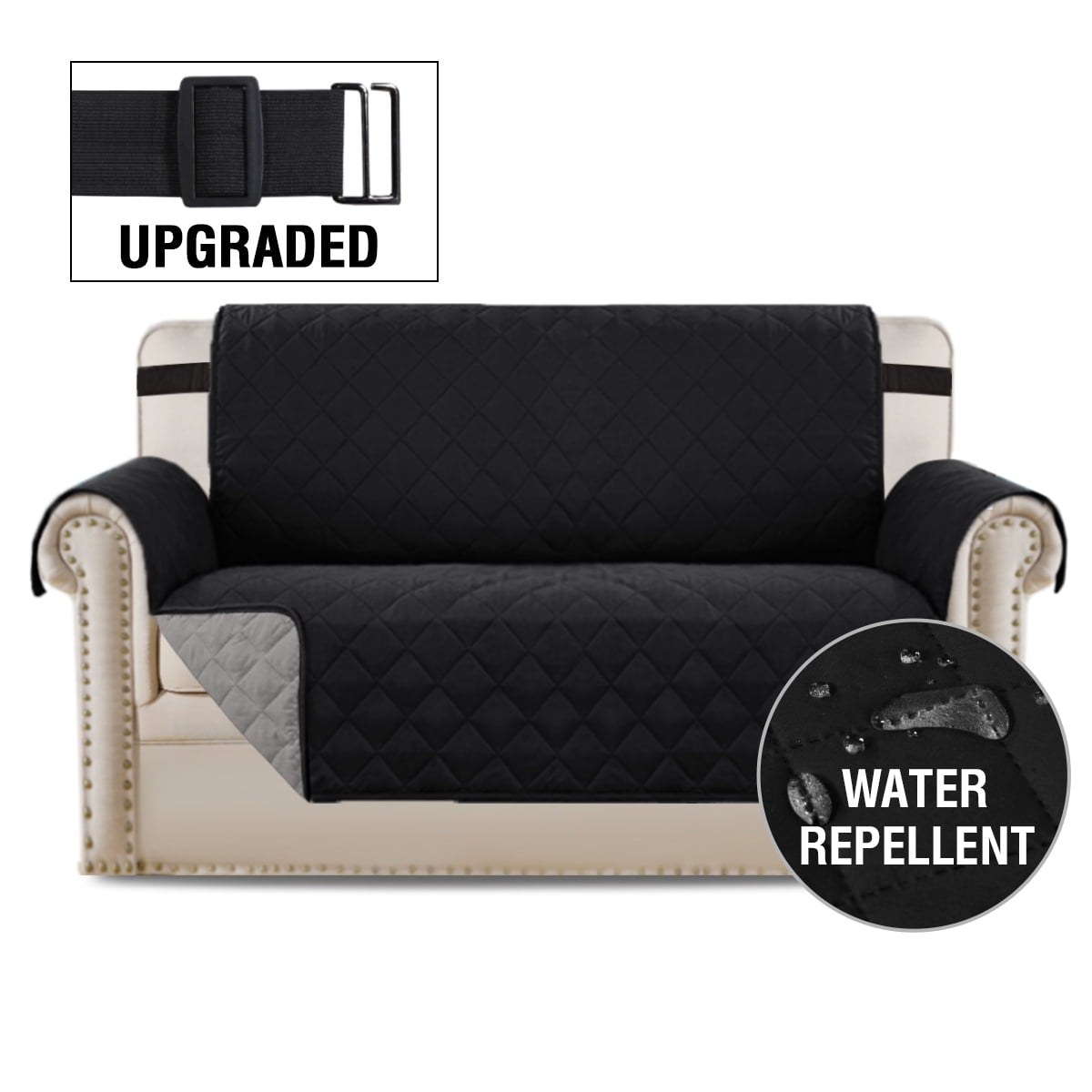 SHANNA Sofa Covers for Loveseat, Water Repellent Reversible Quilted Sofa Slipcovers, Non Slip Sofa Covers 2 Seater, Furniture Protector with Elastic Strap for Pets Kids Dog Cat, Black, 2-Seater