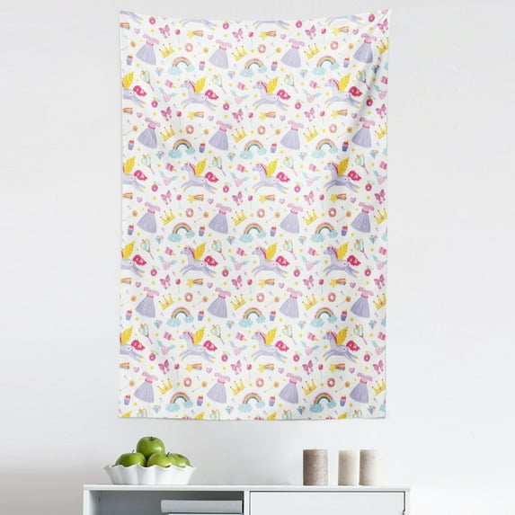 Rainbow Tapestry, Repetitive Unicorn Pegasus with Funny Cartoon Items, Fabric Wall Hanging Decor for Bedroom Living Room Dorm, 5 Sizes, Multicolor, by Ambesonne