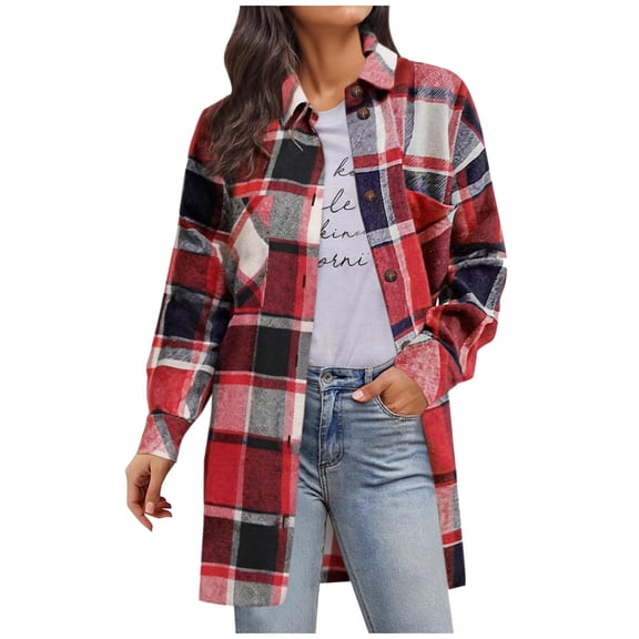 Womens Mid Length Plaid Jacket Flannel Button Down Long Sleeve Shirts Shackets Lapel Collar Casual Fall Coat (XL, Red)