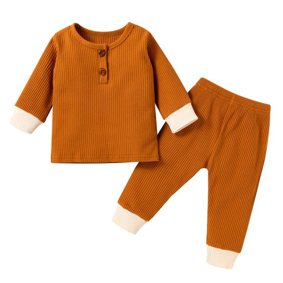 StylesILove Baby Boys Girls Solid Long Sleeve Henley Top & Pants 2pcs Set Unisex Toddler Ribbed Cotton Outfit (Brown, 24 Months)