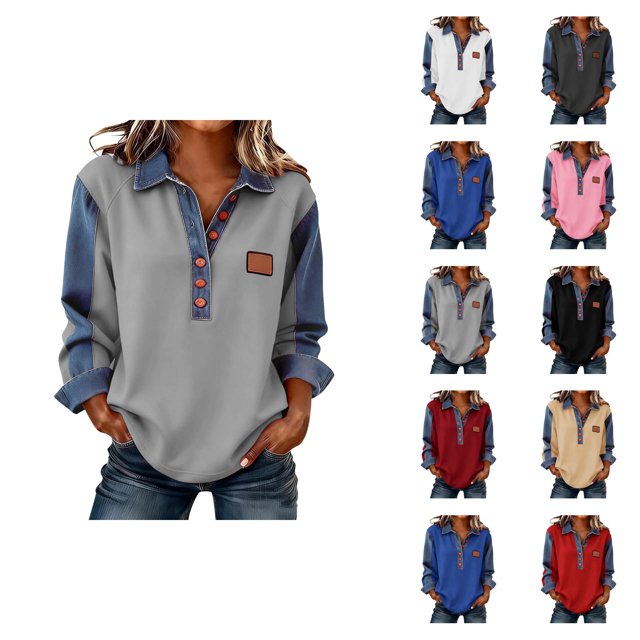 Women's Long Sleeve Shirts 2026 Spring Fashion Button V Neck Lapel Collared Denim Patchwork Casaul Shirts Blouse Tops
