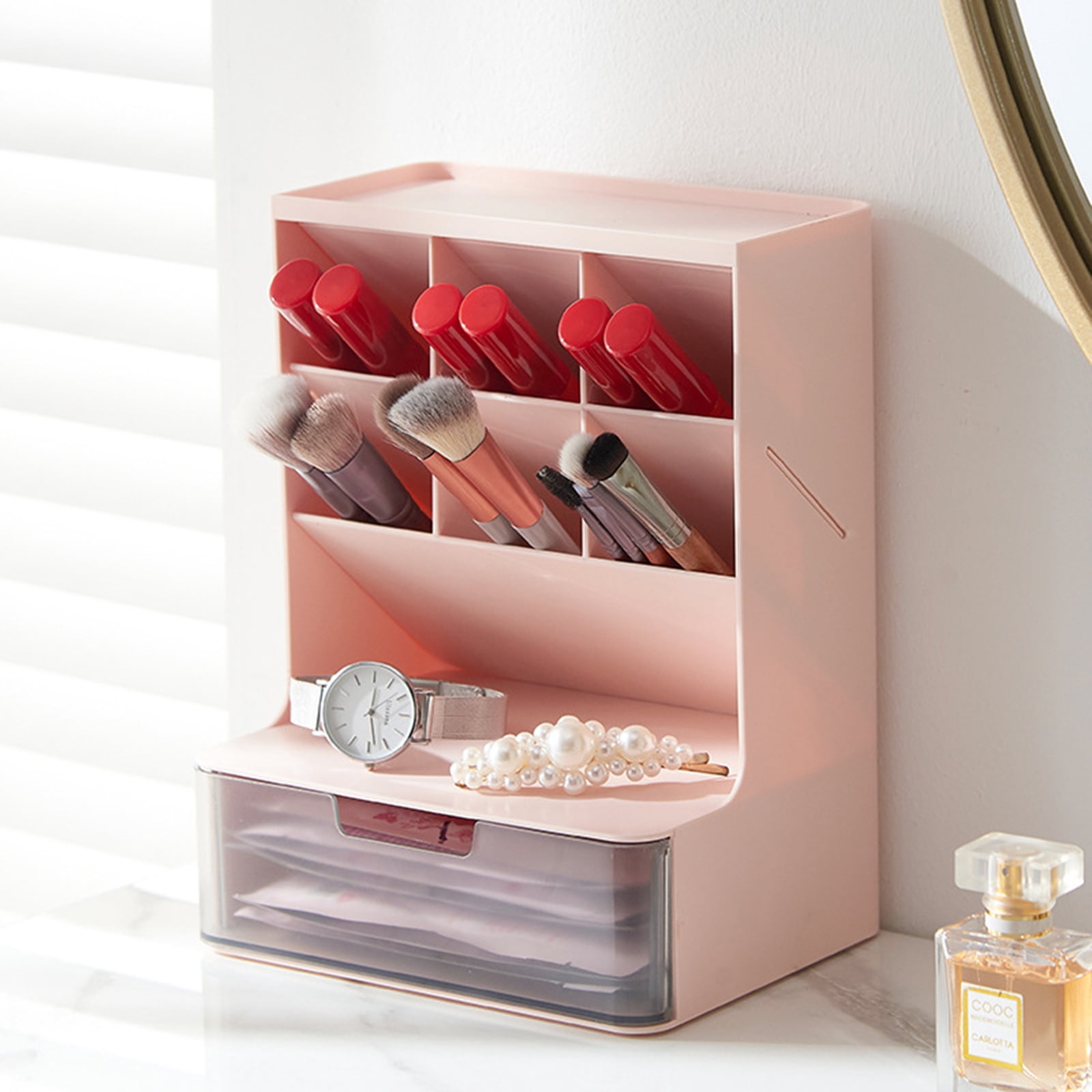 Desktop Pen Organizer with Drawer Stacking Cosmetic Storage Holder Makeup Organizer for Bedroom Office Desk Pen Holder