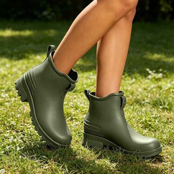 Women PVC Waterproof Slip On Ankle Rain Boots, Flat Non Heel Rubber Shoes For Gardening Outdoor Rainy Day Daily Wear Green 9